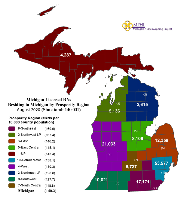 Michigan map of RNs by prosperity region in 2020